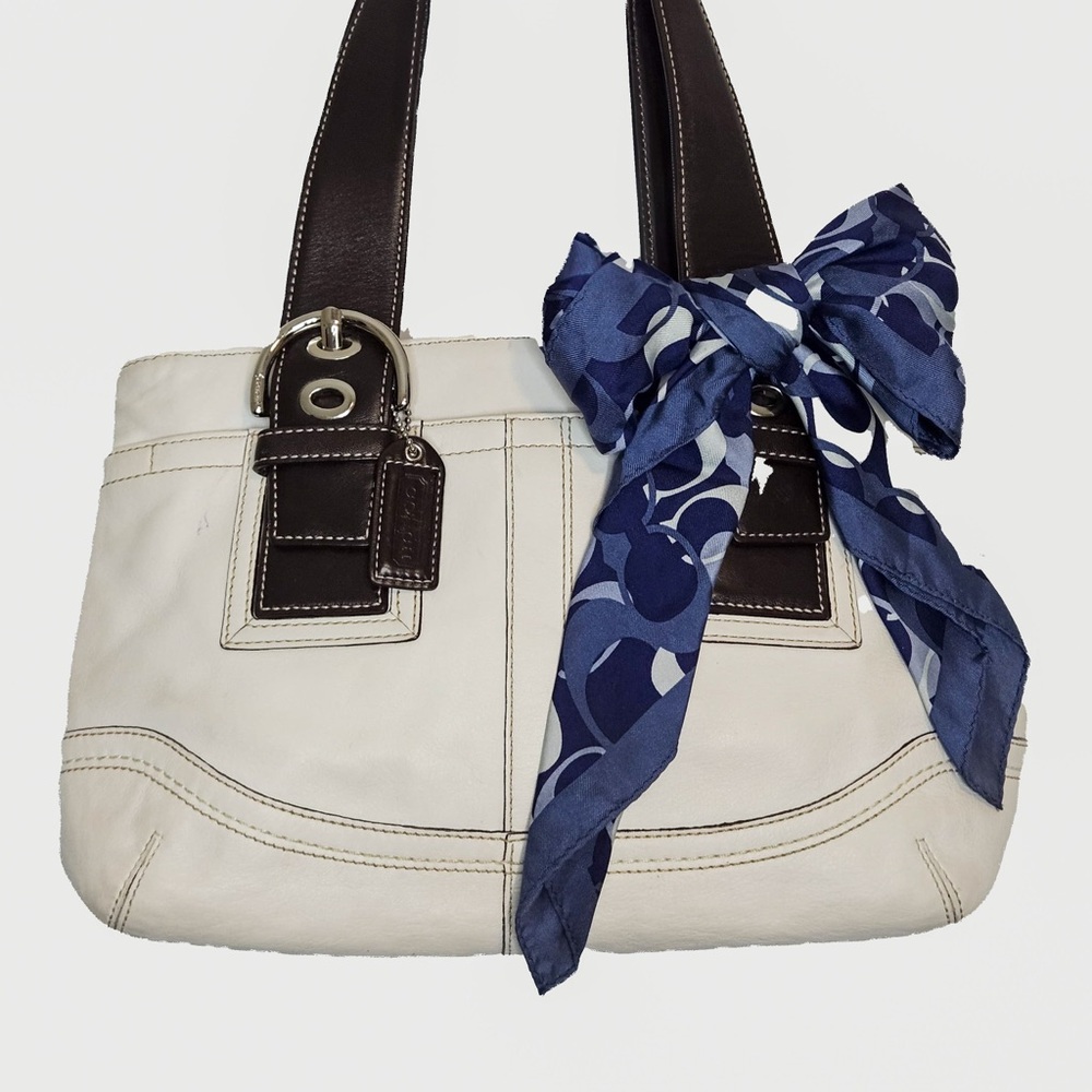 Coach White and Brown Shoulder Bag with Blue Scarf